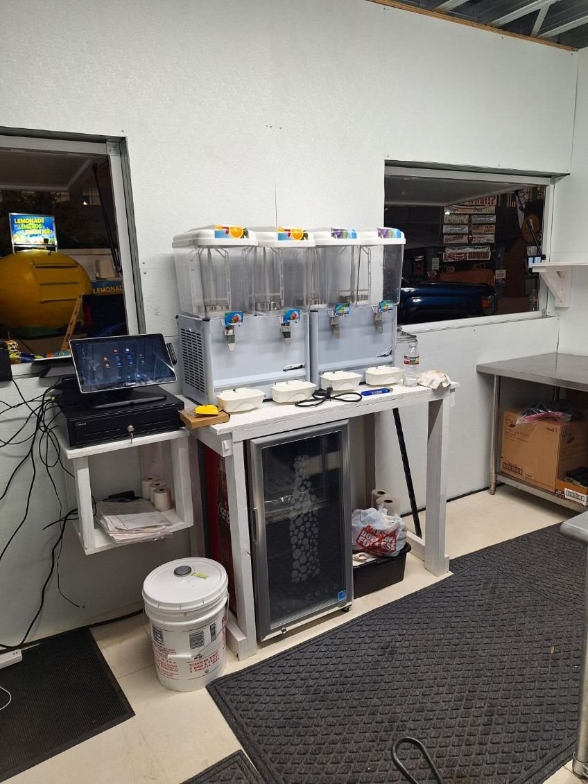 Booth service interior with beverage dispensers