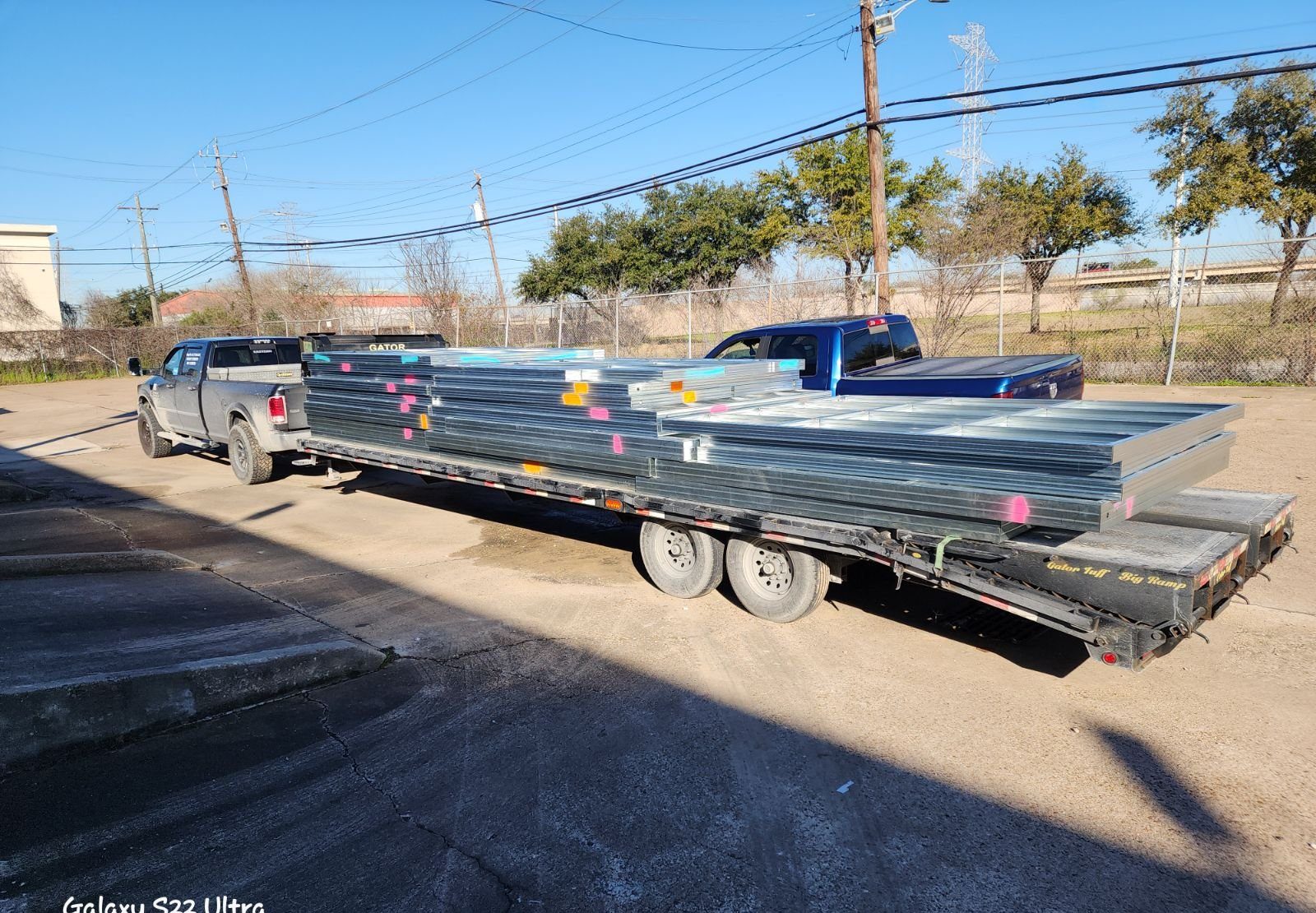 Structural steel delivery on flatbed trailer